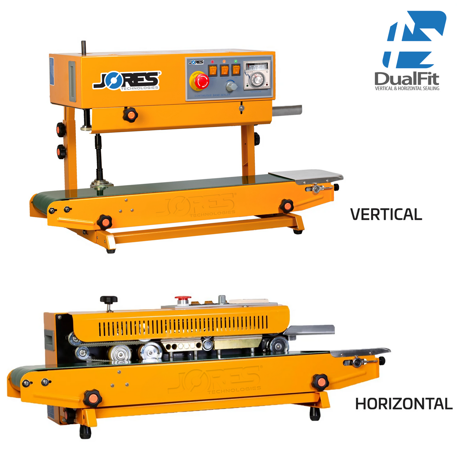 Features the yellow continuous band sealer in vertical and horizontal position. 