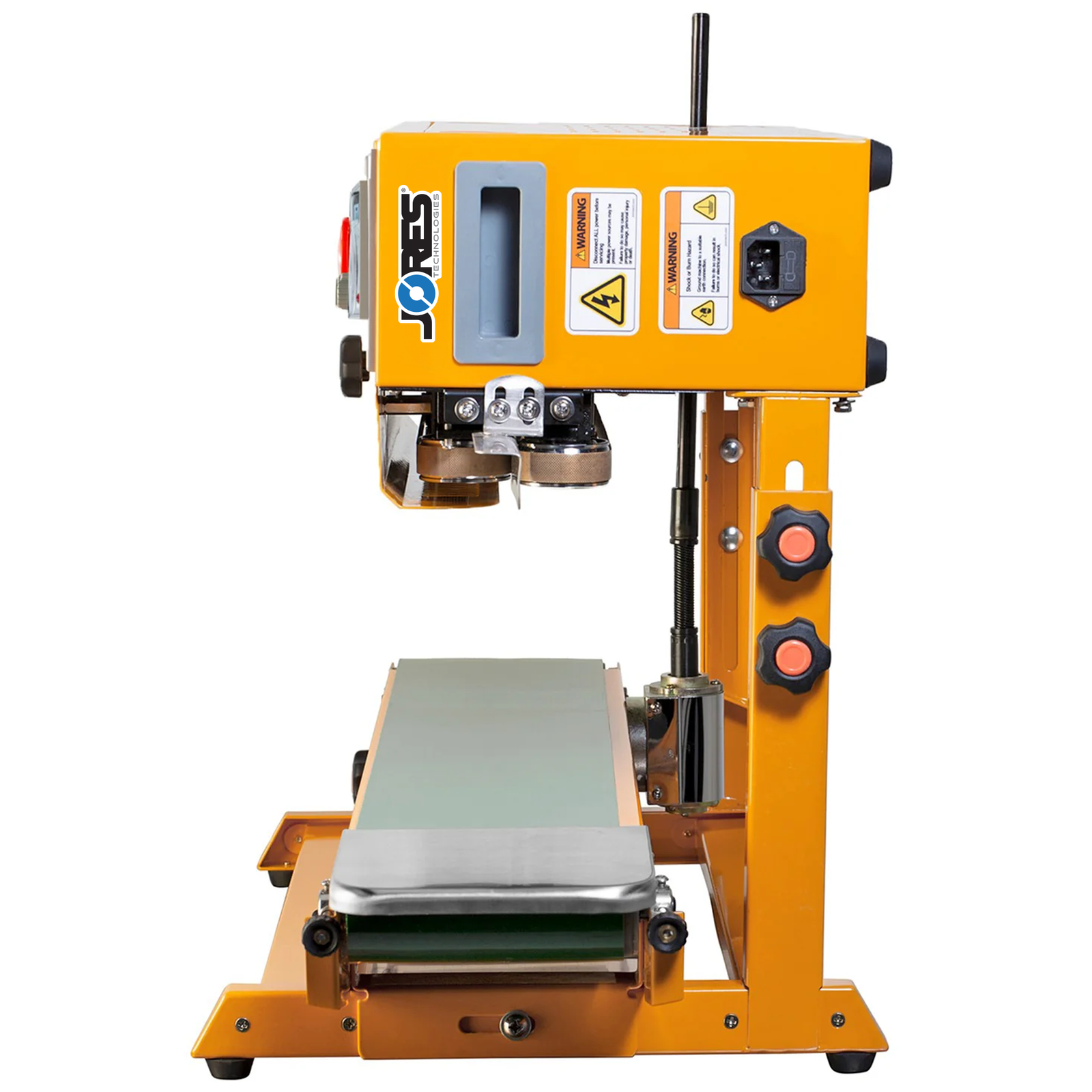 side view of the JORES TECHNOLOGIES® continuous band sealer with green conveyor belt and stainless steel base. Also shows the entry track to place sealable bags in a vertical position