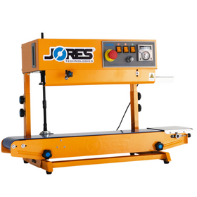 horizontal and vertical continuous band sealer showing the control panel with analog temperature control, the red emergency stop button and other switches