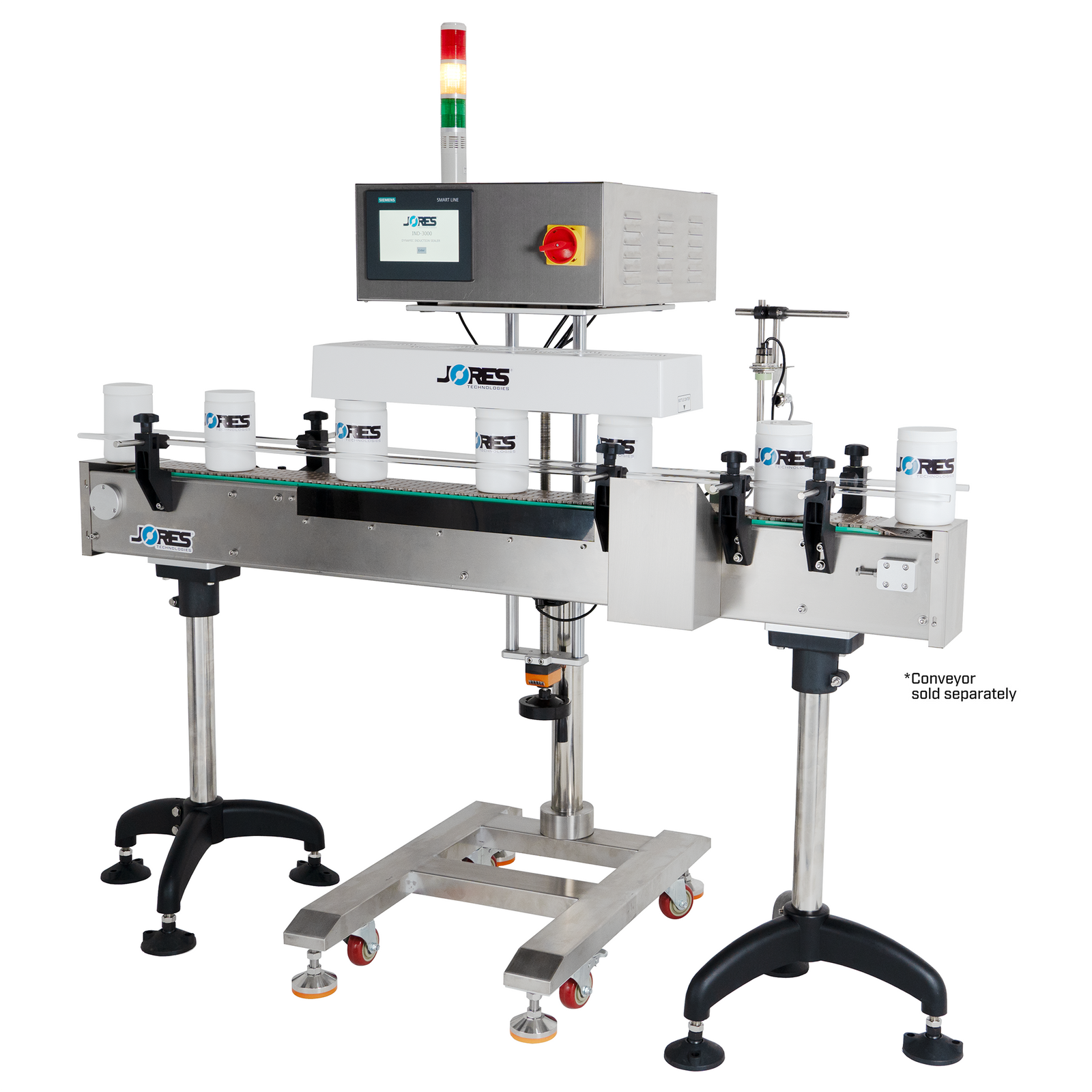 JORES TECHNOLOGIES® Inline induction cap sealer for 20 to 120mm with optional conveyor