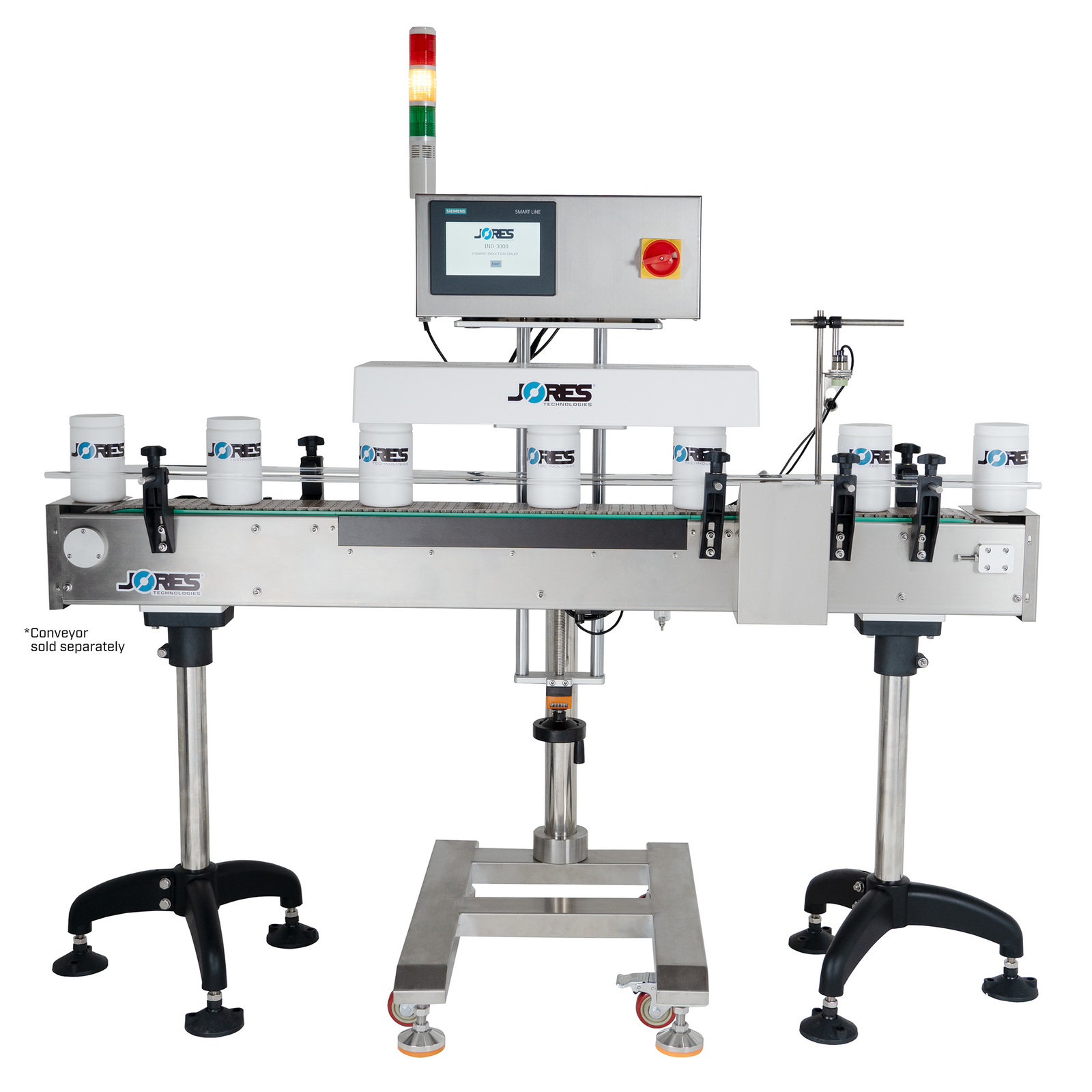 JORES TECHNOLOGIES® Inline induction cap sealer for 20 to 120mm with optional conveyor 