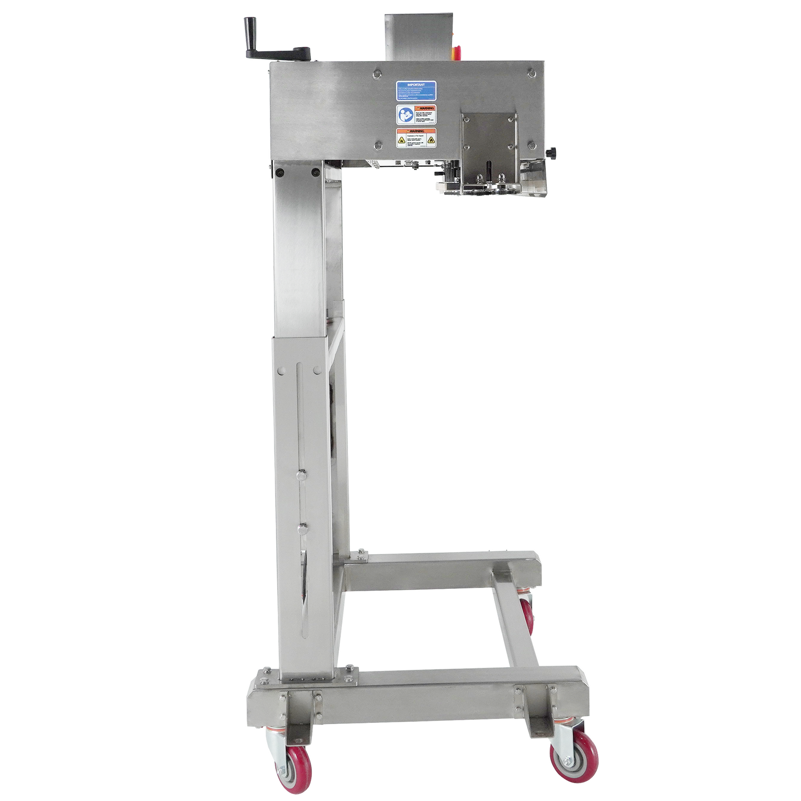 Conveyorless continuous band sealer for variable bag heights for mass production