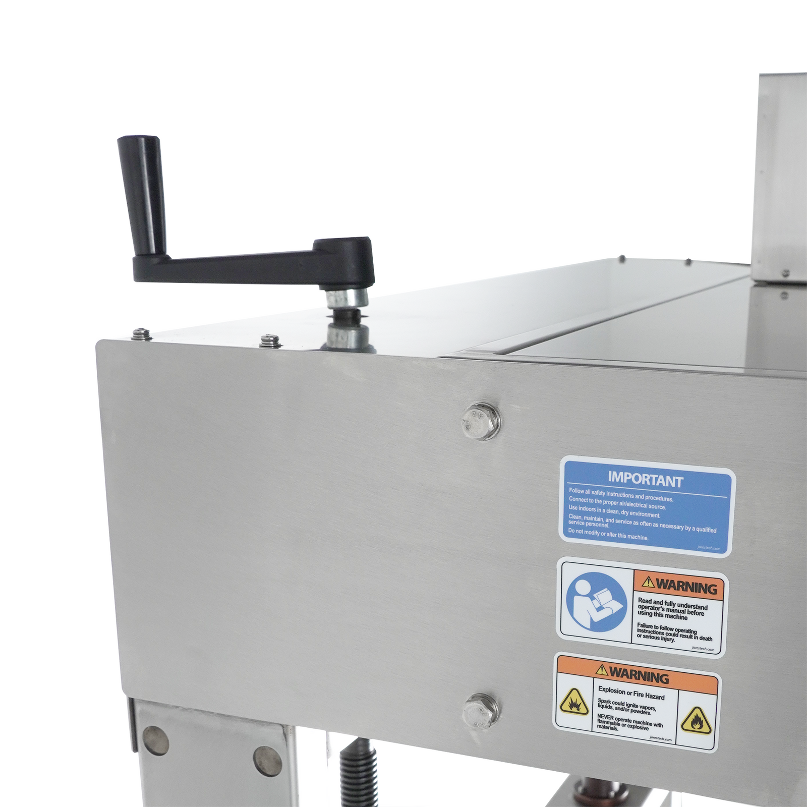 Warning stickers on the stainless steel  conveyorless continuous band sealer for variable bag sizes