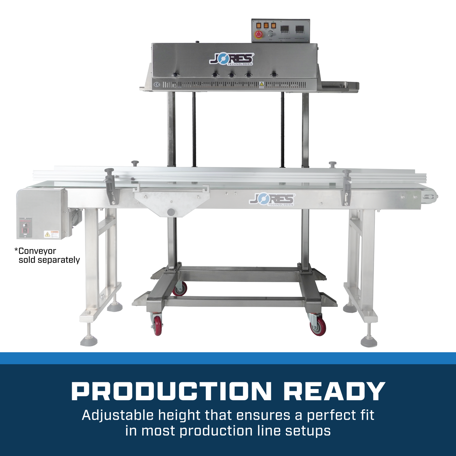 Continuous band sealer with adjustable height that ensures a perfect fit in most production line setups