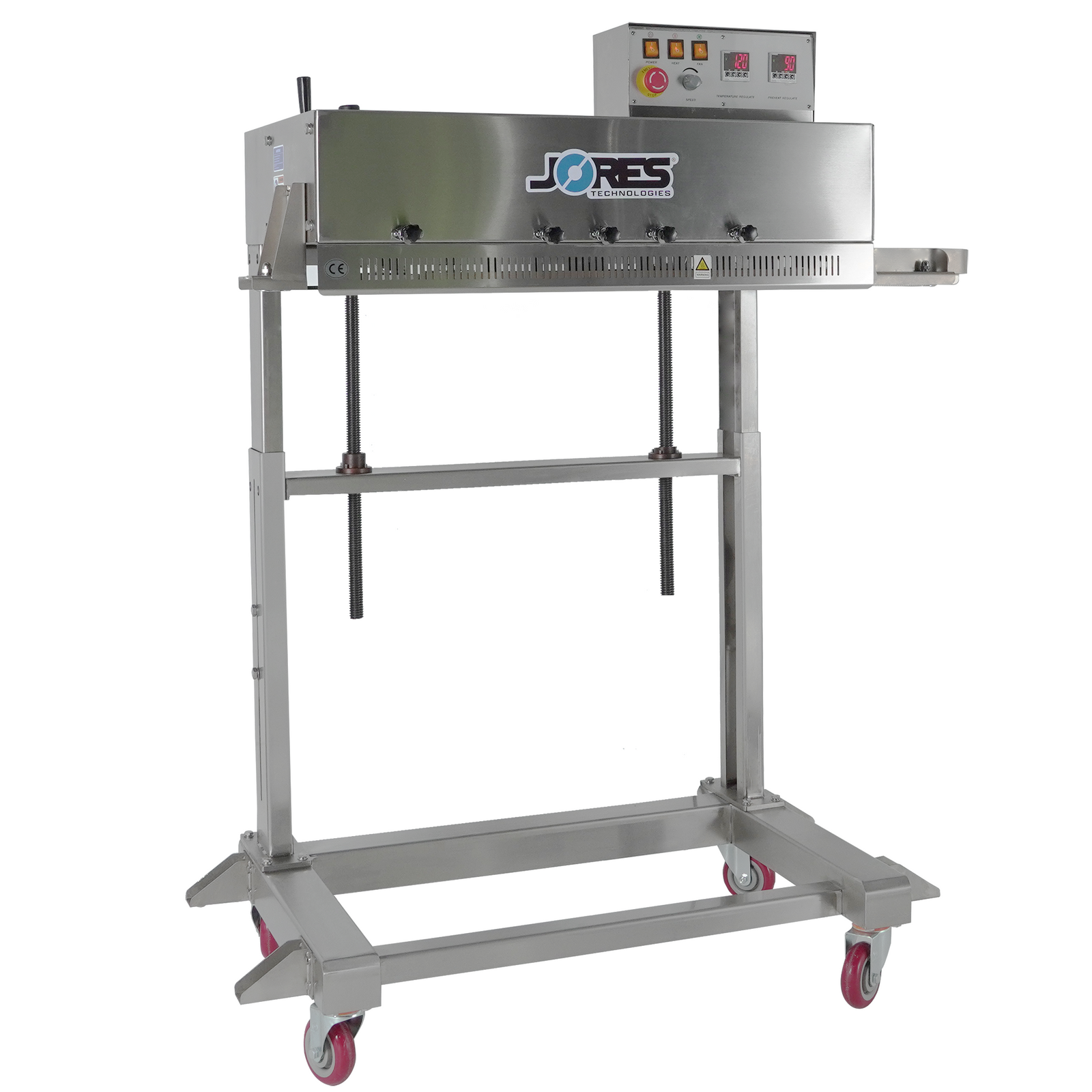 Conveyorless continuous band sealer for variable bag heights for industrial use