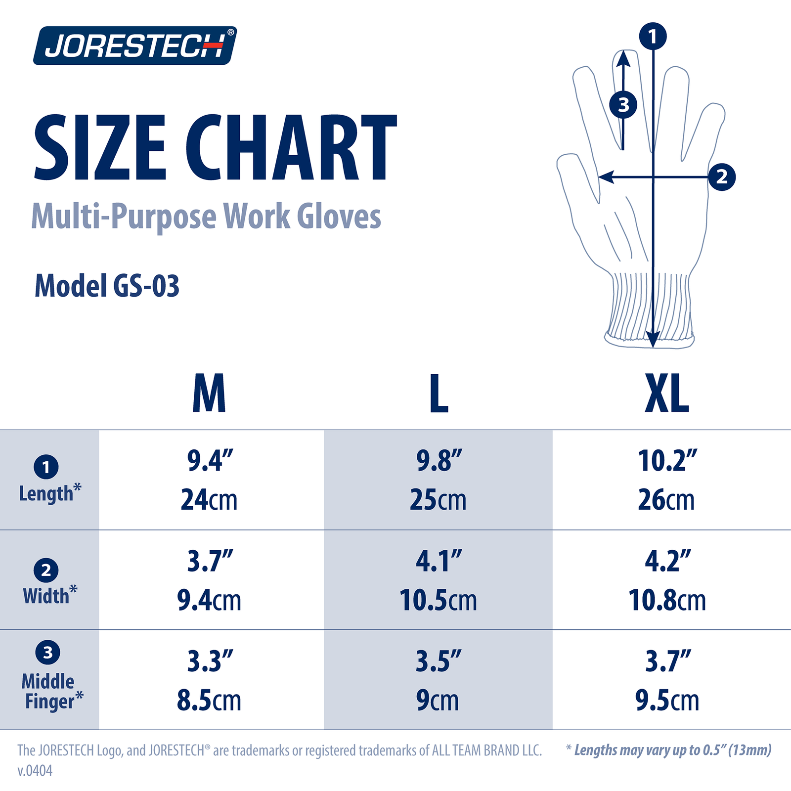 Size chart of the multipurpose safety work gloves cut resistant pack of 12
