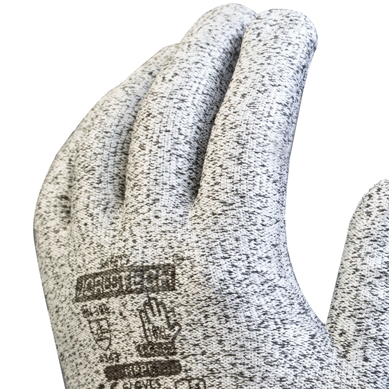 Closeup to show the knitted grey and white fabric of the Jorestech multi-purpose safety work glove