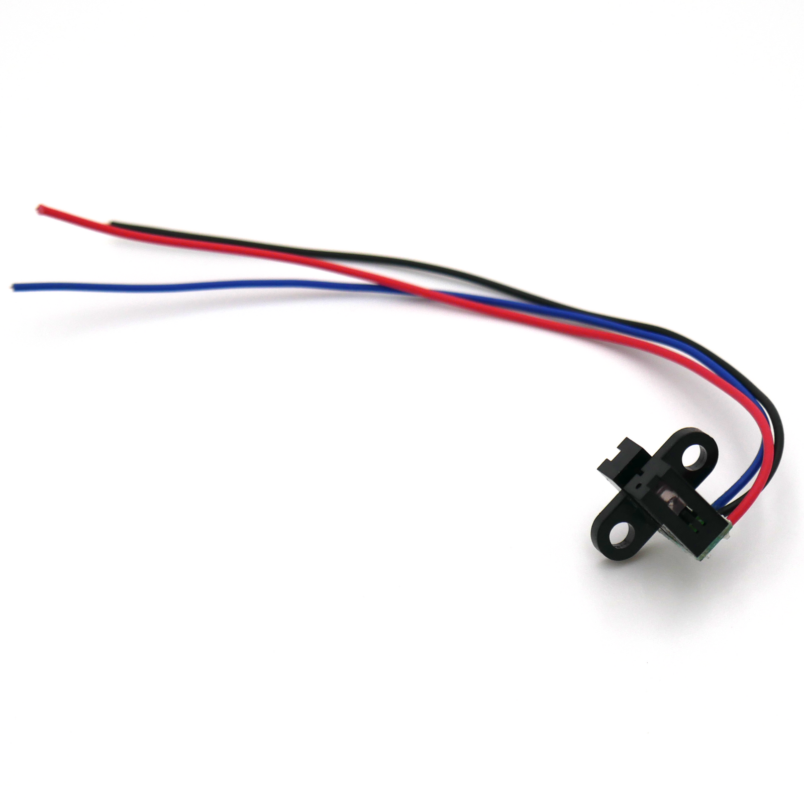 Coding position sensor with red, black and blue cables. The Coding Position Sensor can be found on Continuous Band Sealer machines which use Hot Roll Coding systems.