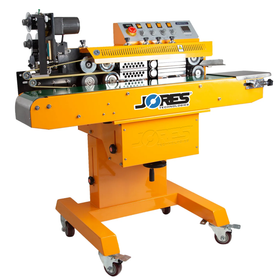 Self standing horizontal yellow JORES TECHNOLOGIES® continuous band sealer with hot stamp coder and heavy duty wheels integrated