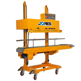 Diagonal view of the JORES TECHNOLOGIES® yellow vertical continuous band sealer for large bags with coder and wheels