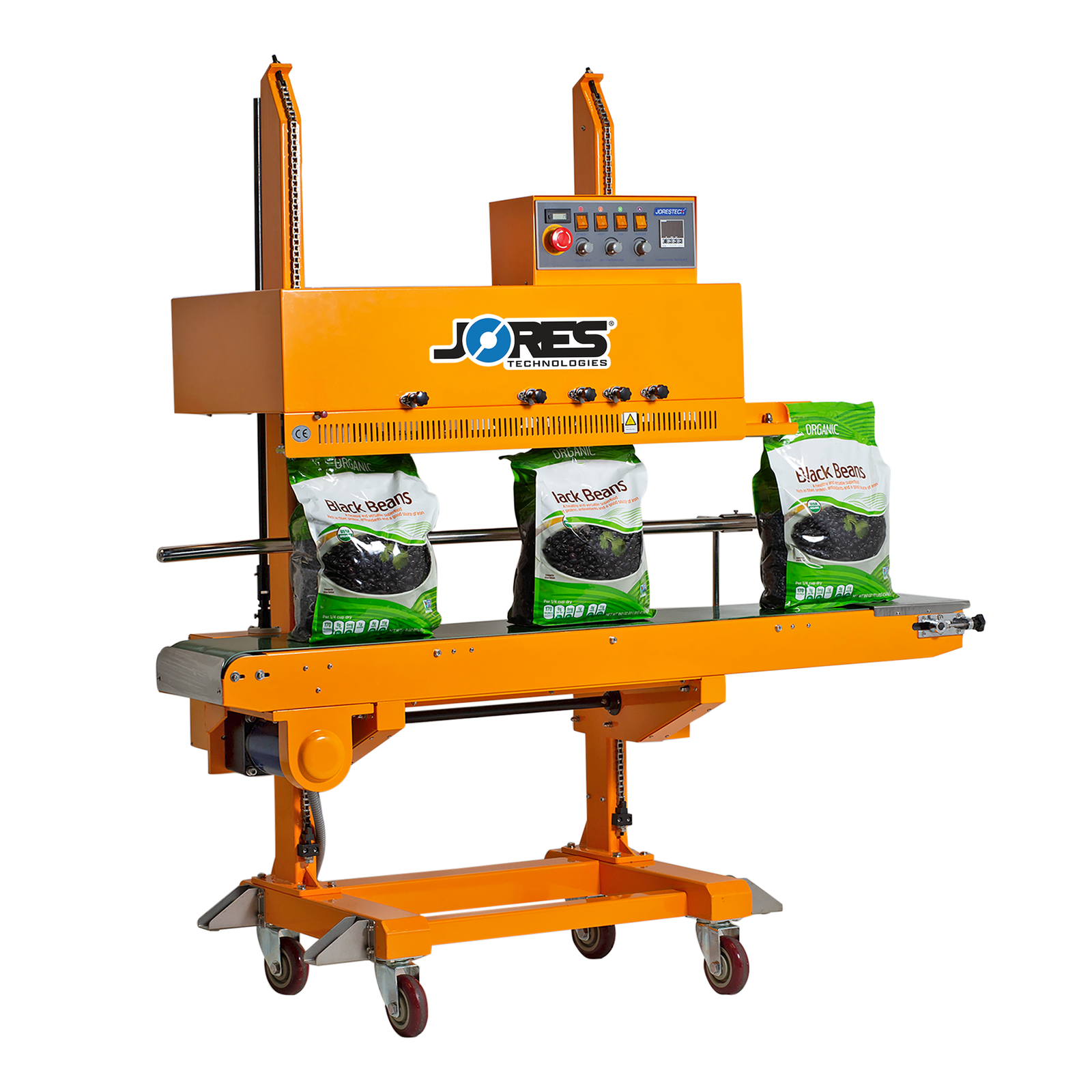 Yellow JORES TECHNOLOGIES® vertical continuous band sealer with coder sealing a production of large plastic bags filled with black beans