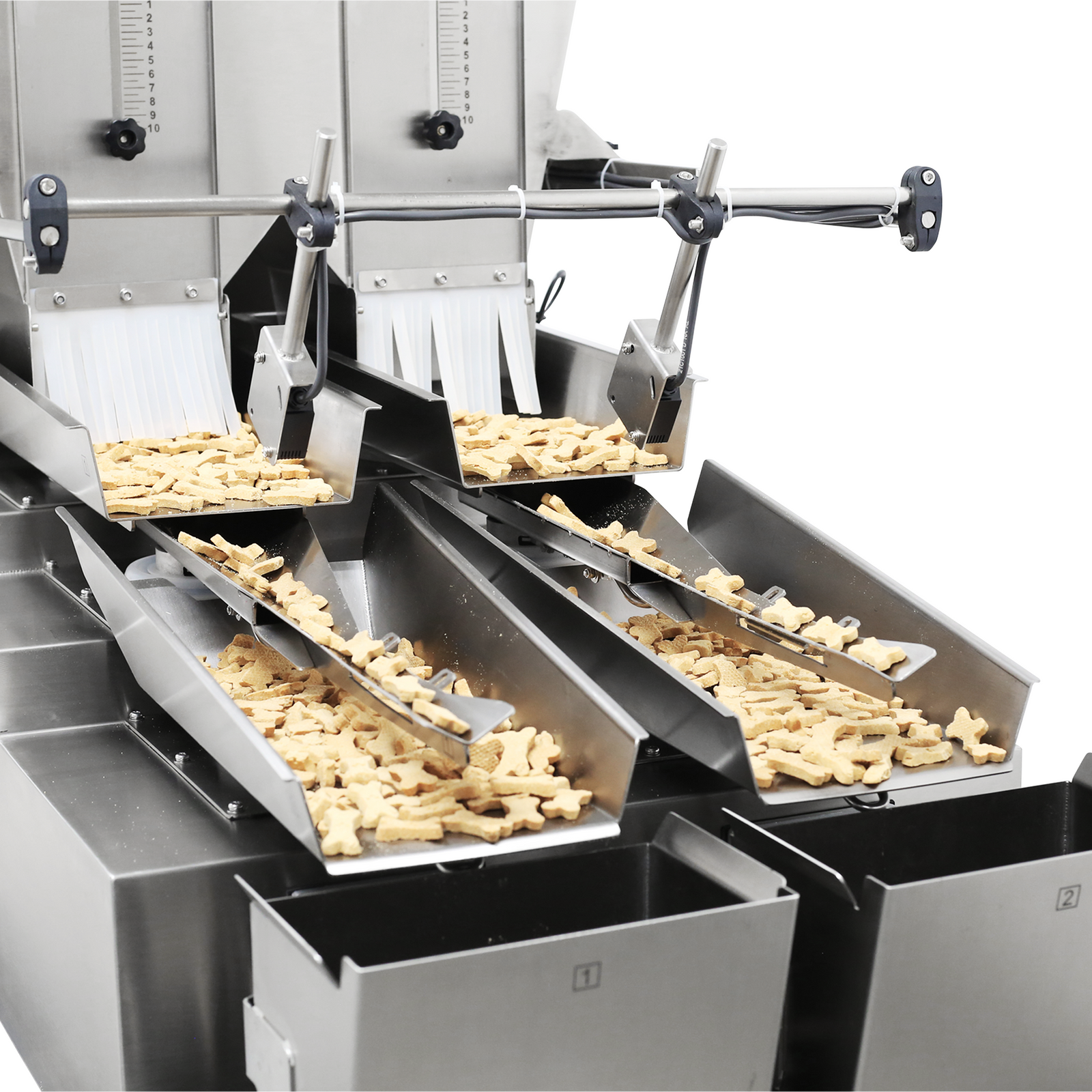 Close up view of the JORES TECHNOLOGIES® stainless steel dual head linear weigher for 4000ml dispensing dog crackers