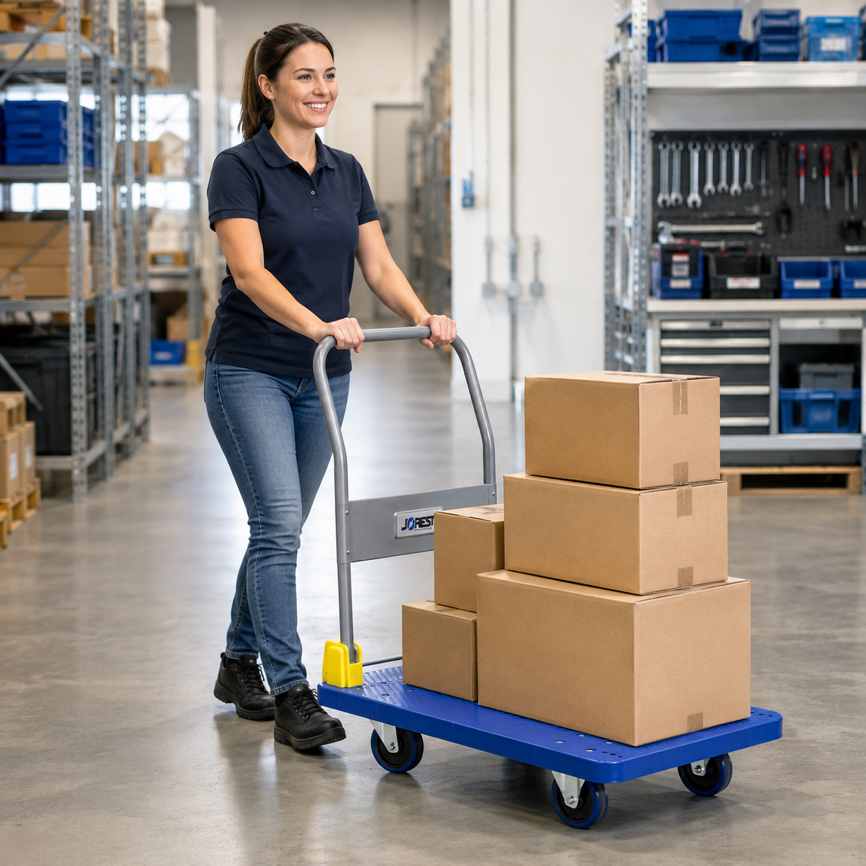 A woman in a warehouse transporting large boxes with the JORES TECHNOLOGIES® foldable platform light weight cart 