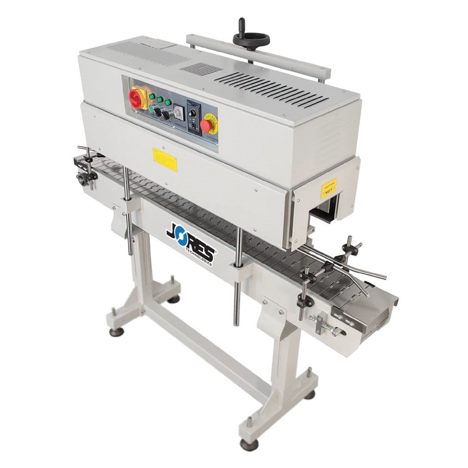 JORES TECHNOLOGIES Tamper evident banding shrink tunnel with conveyor integrated over a white background