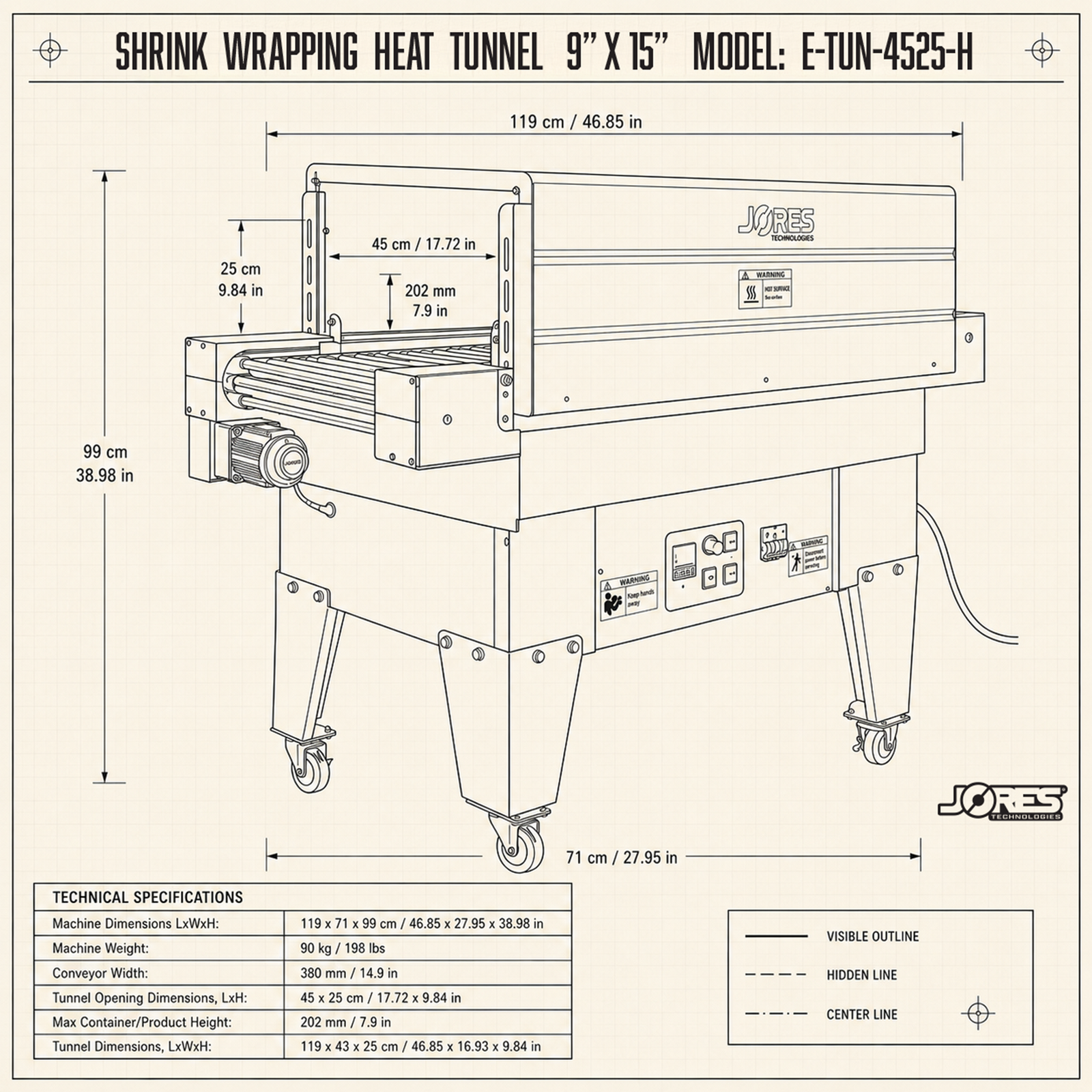 Shrink wrapping heat tunnel by JORES TECHNOLOGIES Measurements