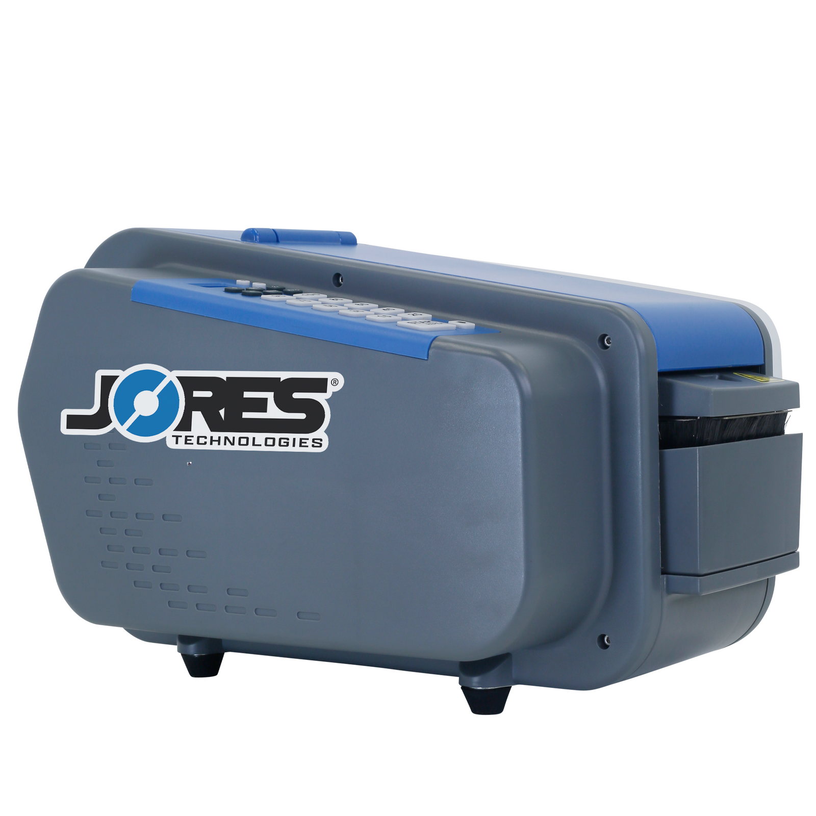 Electric  gummed kraft paper tape dispenser by JORES TECHNOLOGIES®.  Features part of the control panel and the exit  end for the tape.