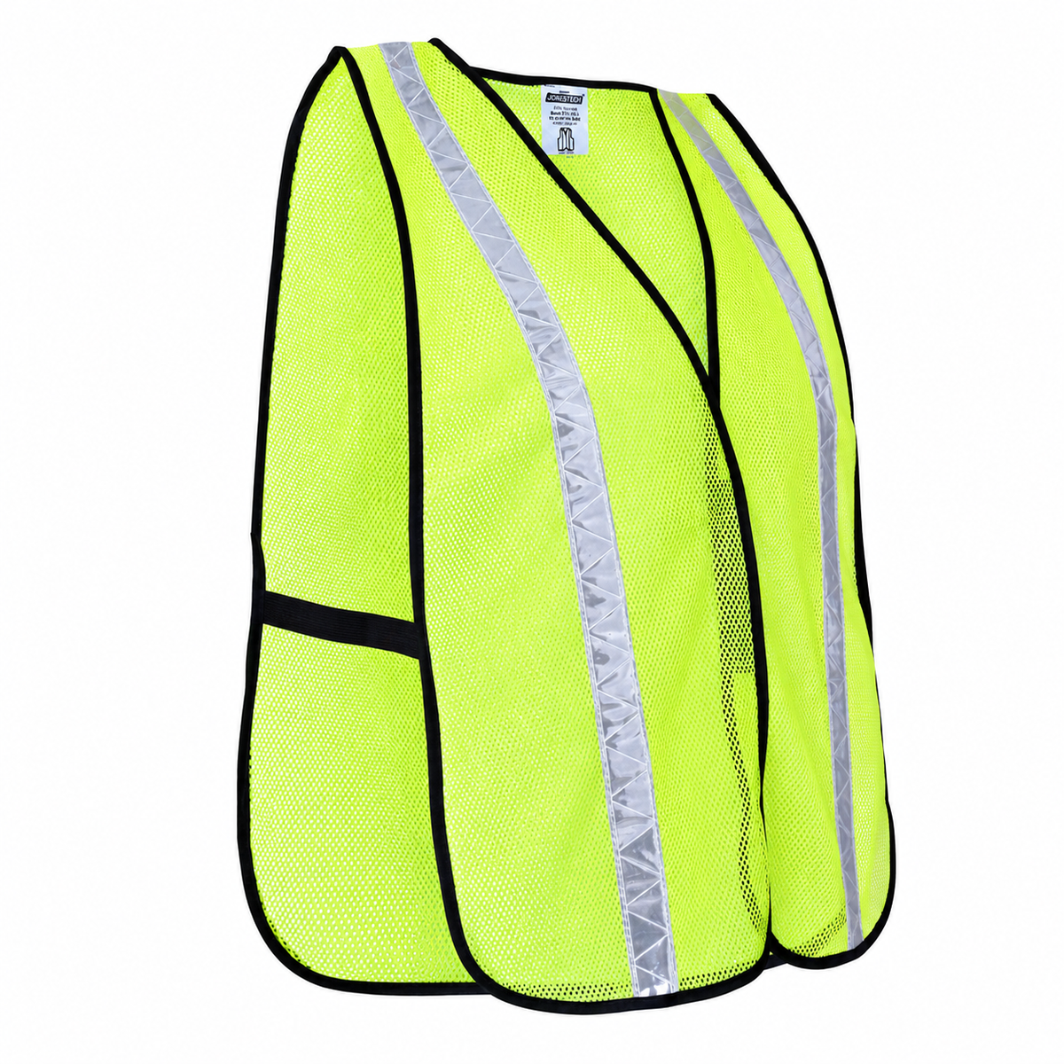 Three-quarter side profile view of a JORESTECH fluorescent lime-yellow mesh safety vest featuring elastic side bands and reflective stripes.