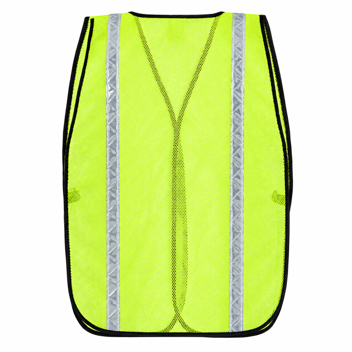 Back view of JORESTECH high-visibility reflective safety mesh vest model S-VL-01-LM-OS featuring 1-inch silver reflective safety strips, lightweight neon yellow open-mesh polyester construction, and a curved hem with black border piping.