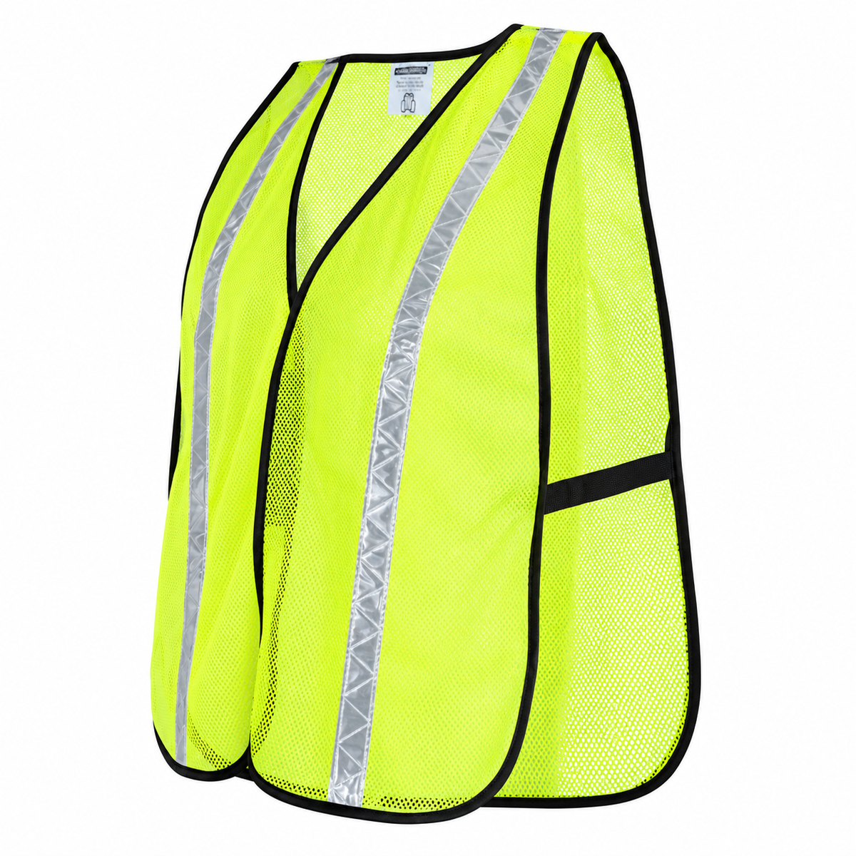 Three-quarter side profile view of a JORESTECH fluorescent lime-yellow mesh safety vest featuring elastic side bands and reflective stripes.