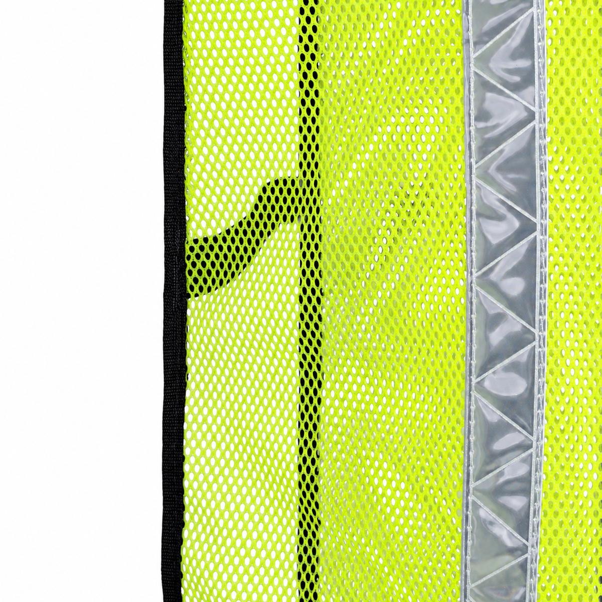 Close-up of the black elastic side strap on a JORESTECH high-visibility lime-yellow mesh safety vest with reflective silver piping.