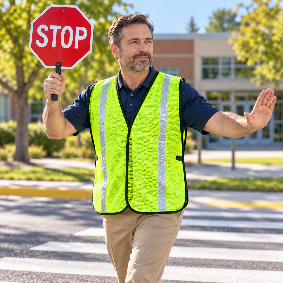 A traffic controller or crossing guard wearing a JORESTECH high-visibility safety vest and holding a stop sign in a crosswalk.