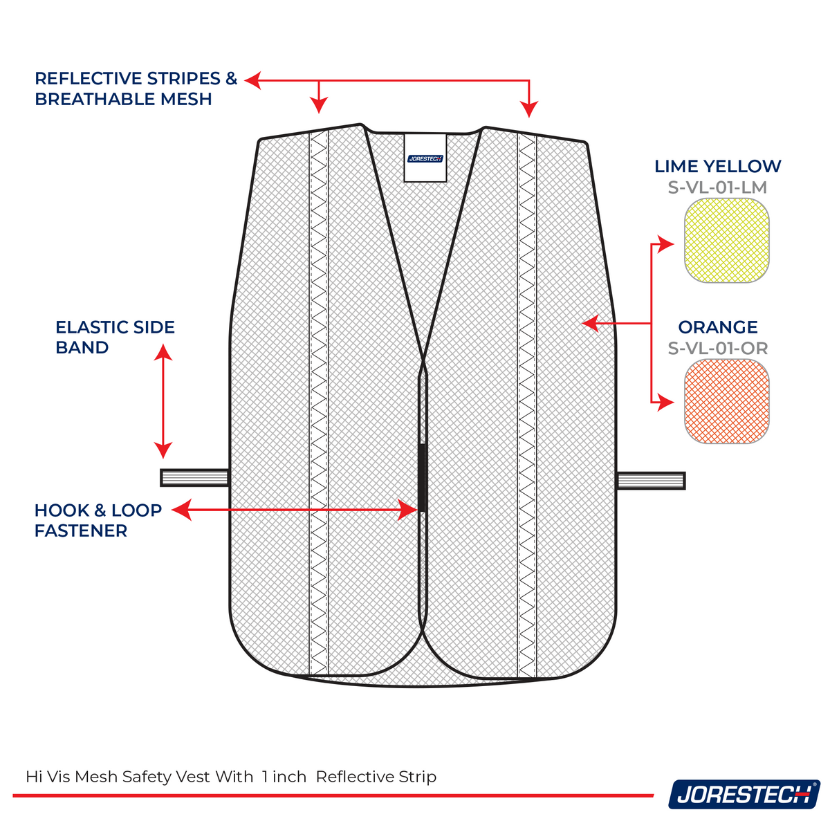 Line drawing infographic of a JORESTECH safety vest showing its design specifications and available colors in lime yellow and orange.