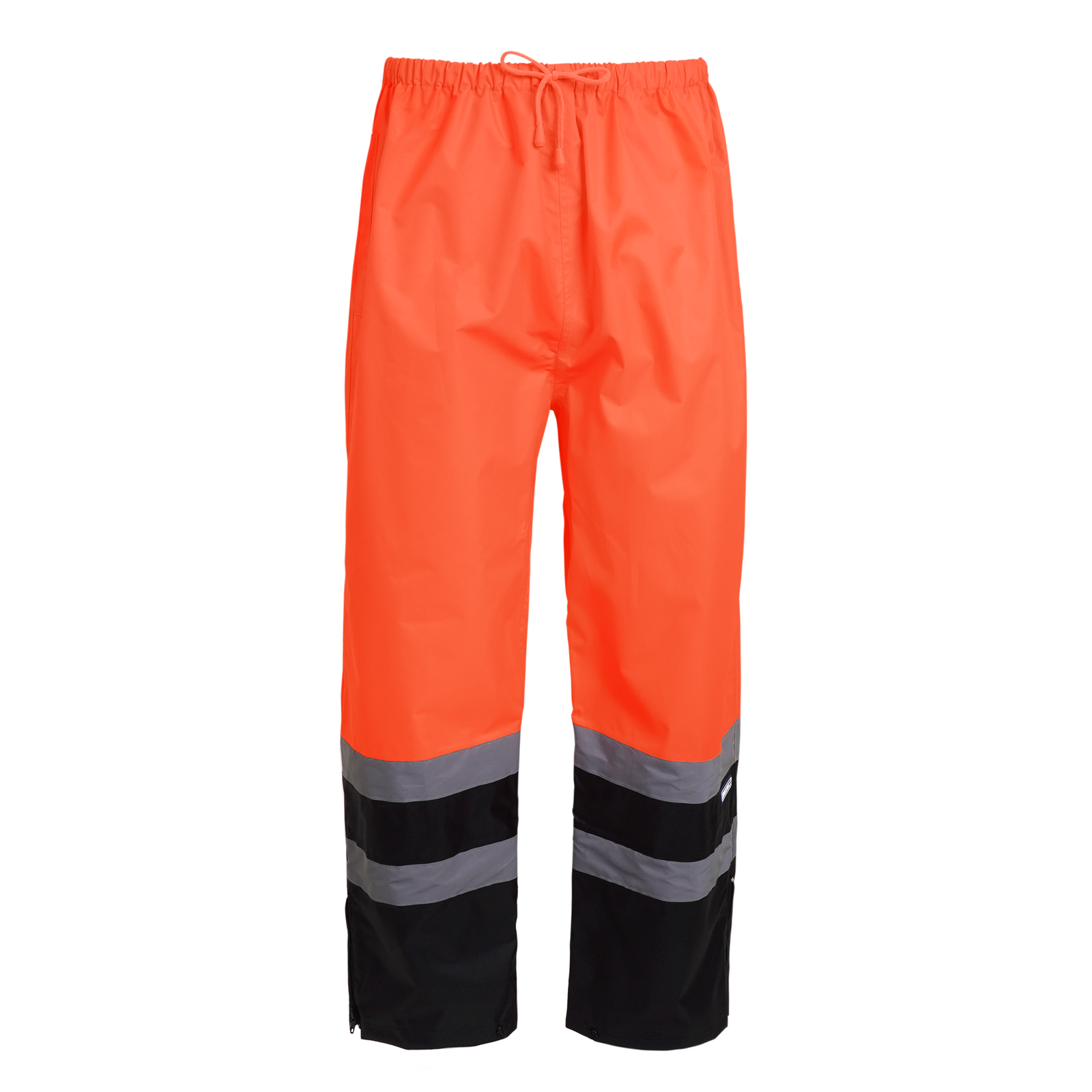 Front view of the black and orange high visibility JORESTECH rain pant with reflective strips