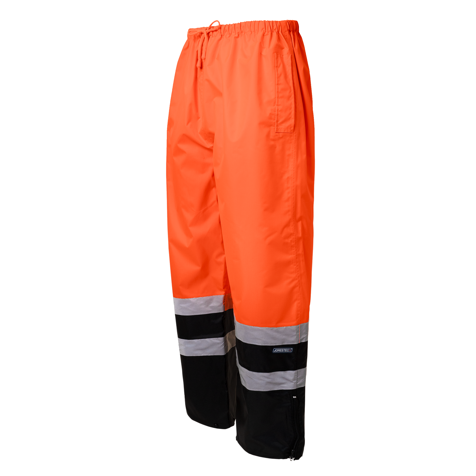 Diagonal view of the black and orange high visibility JORESTECH rain pant with reflective strips