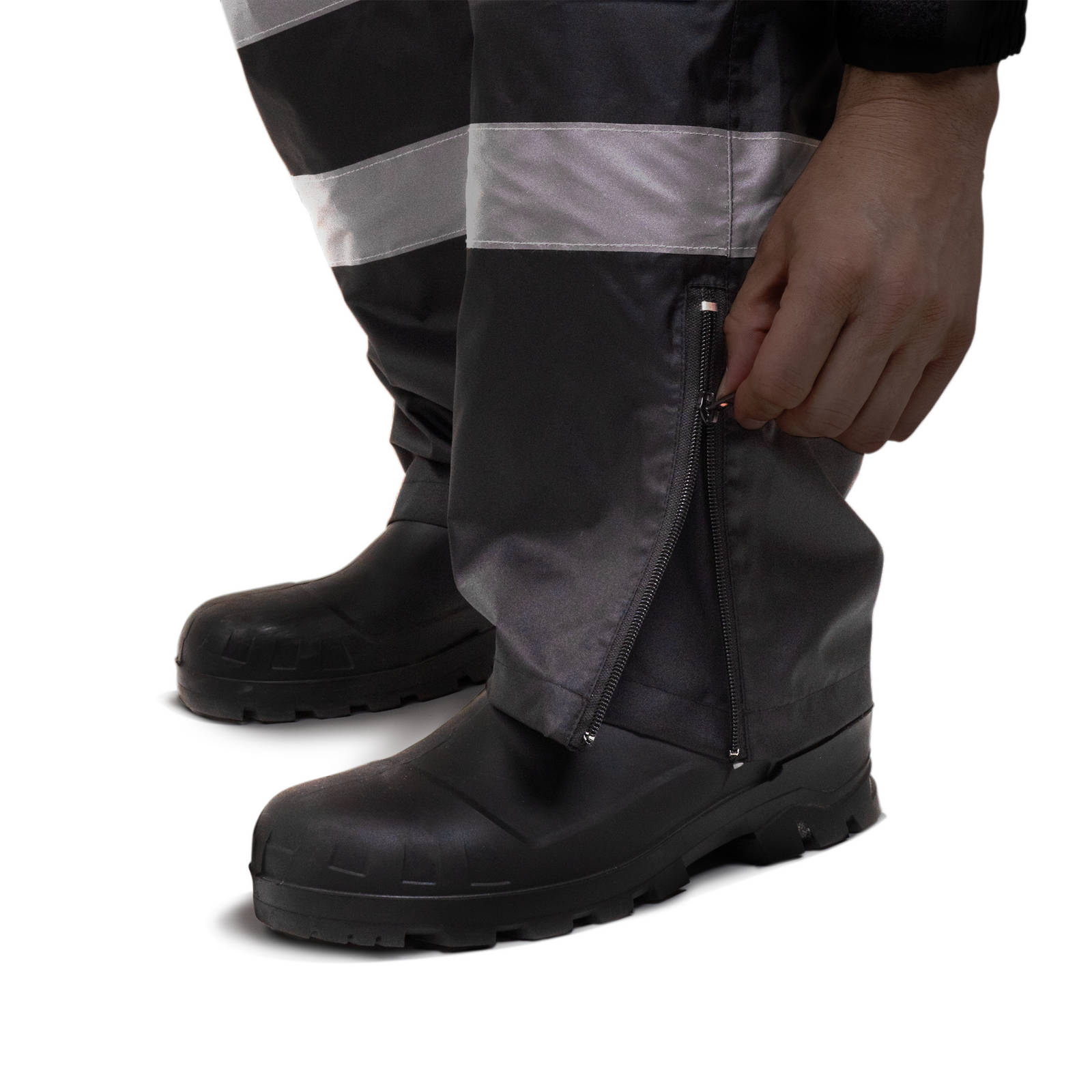 Close up detail to show the zipper at boot level of the rain pants to expand the boot section