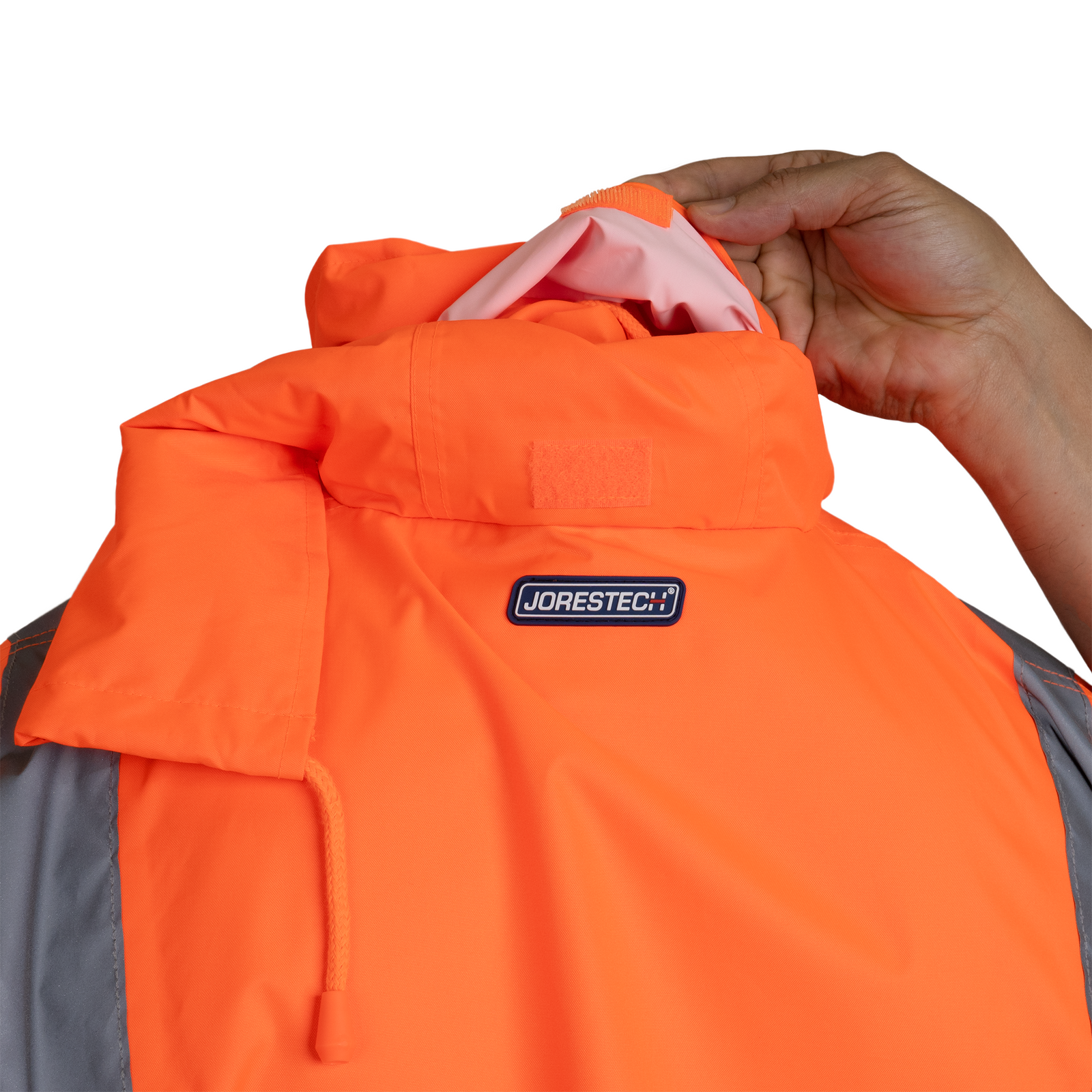 High visibility orange and black rain jacket with hideaway hoodie and 2 inches reflective stripes