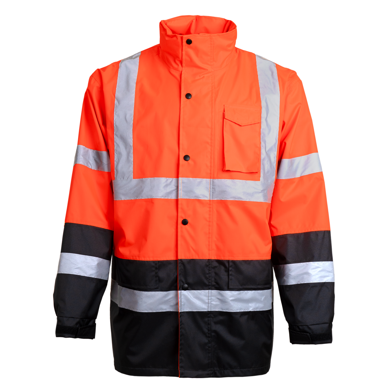 Front view of a JORESTECH High visibility orange and black rain jacket with 2 inches reflective strips and hoodie