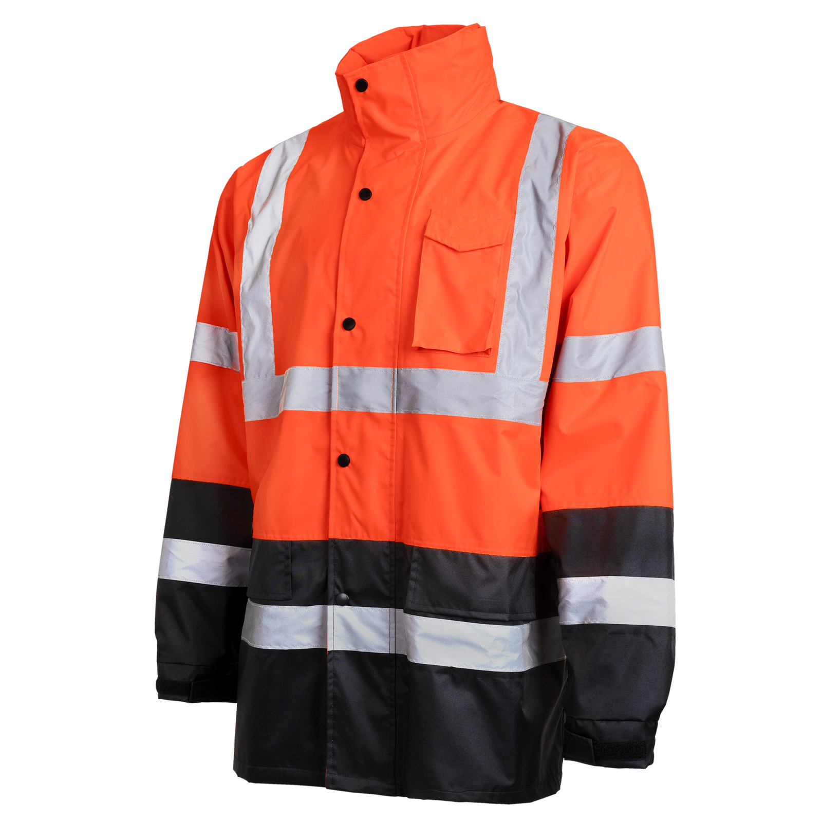 Diagonal view of a JORESTECH High visibility yellow and black rain jacket with 2 inches reflective strips and hideaway hoddie