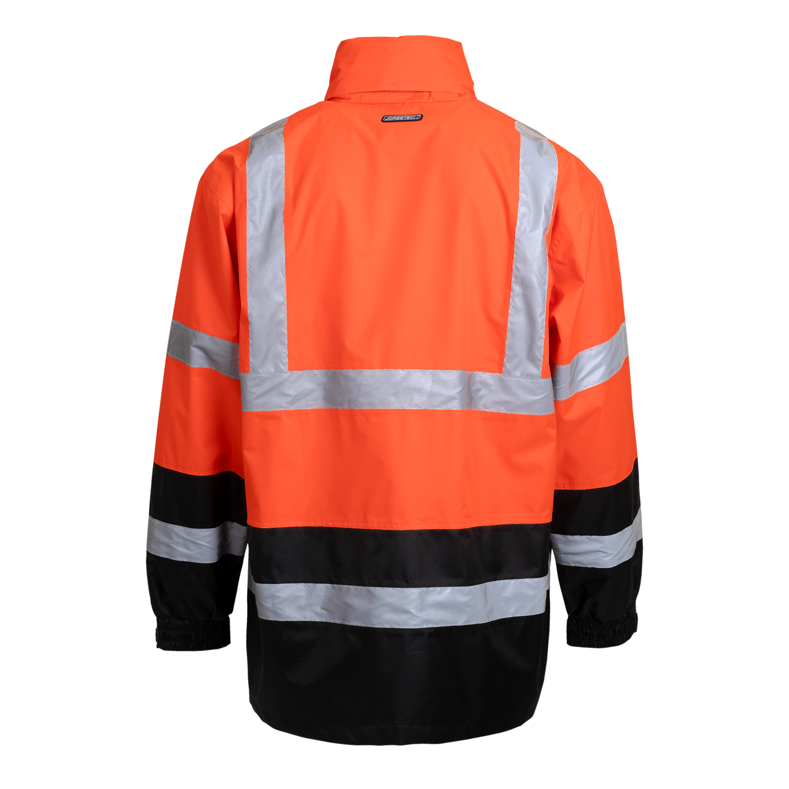 Back view of a JORESTECH High visibility orange and black rain jacket class 3 type R with 2 inches reflective strips