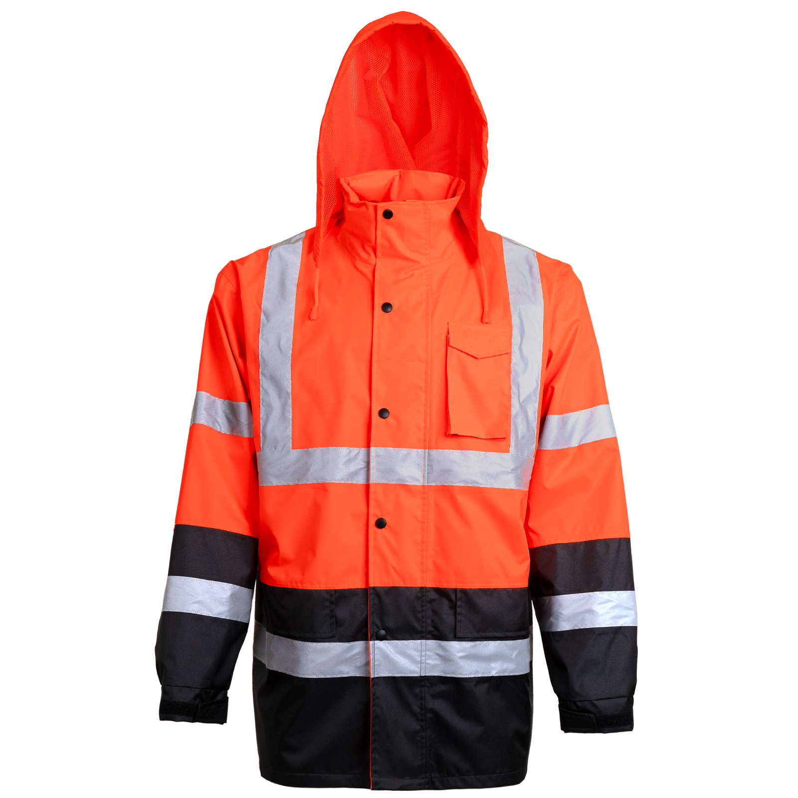 Front view of a JORESTECH High visibility yellow and black rain jacket with 2 inches reflective and detachable hoodie