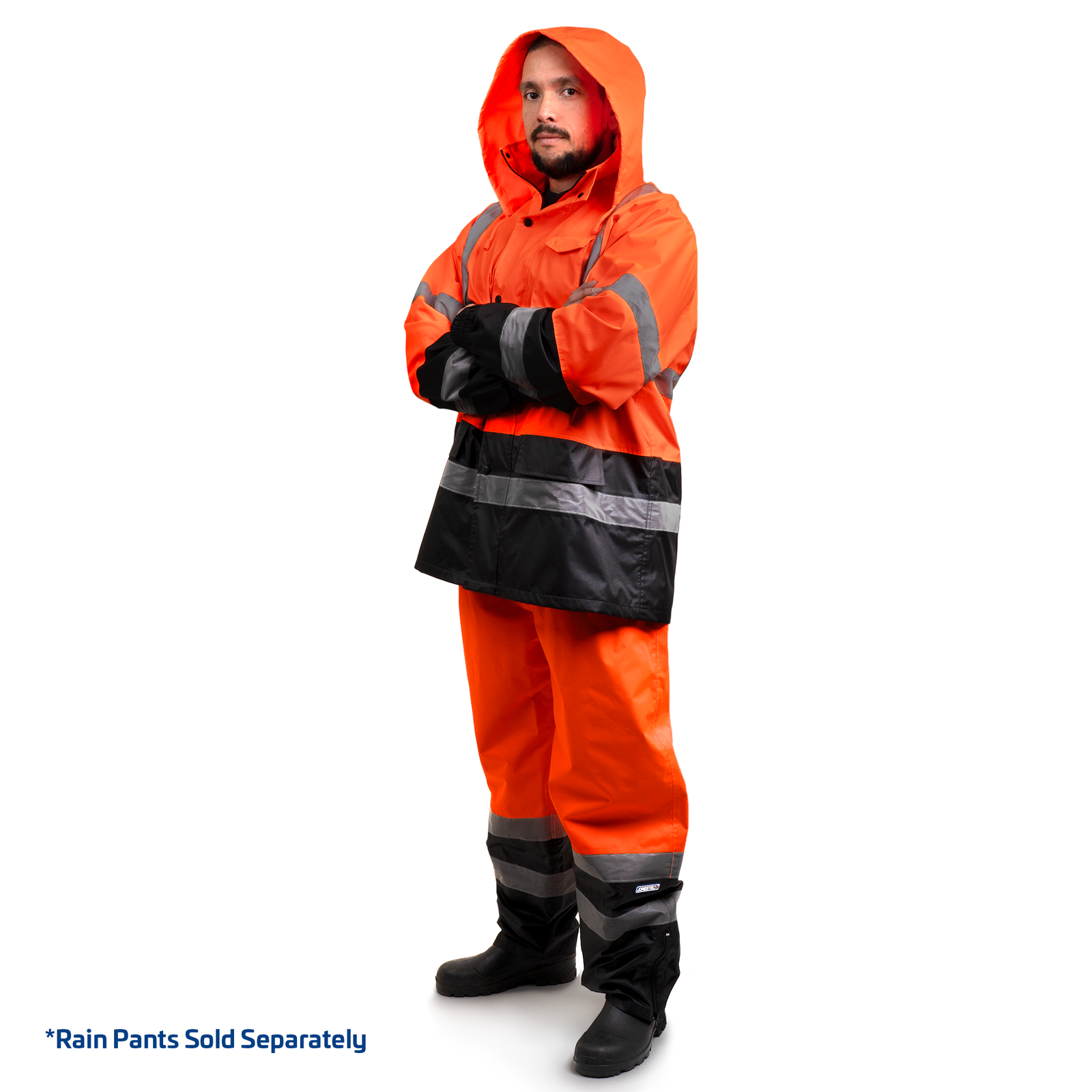 Worker wearing the high visibility orange rain set. Pants sold separately.