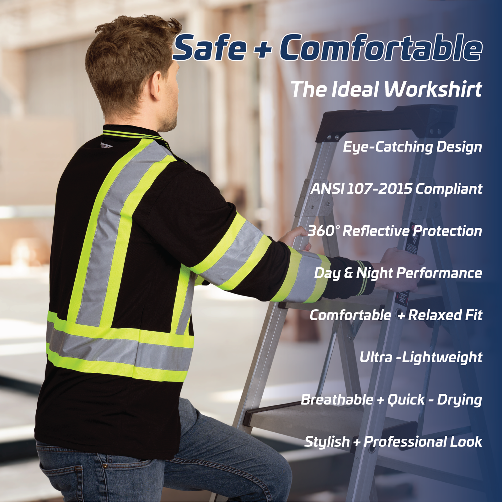 Worker wearing the black safety long sleeve polo shirt with reflective strips. Text reads: Safe and comfortable, ideal work shirt, eye catching design, ANSI ISEA compliant, 360 reflective protection, day and night performance, relaxed fit shirt, ultra lightweight, breathable, quick drying, stylish professional look