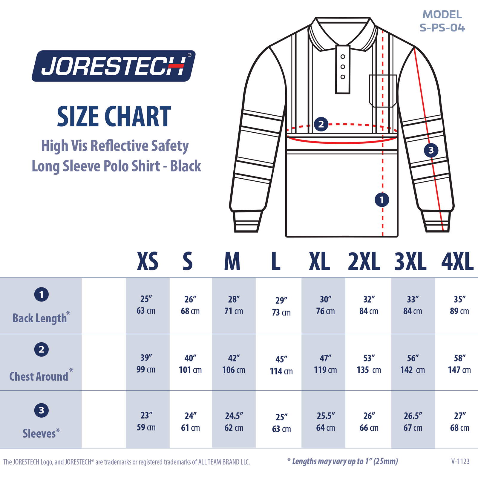 Size chart of the hi vis reflective safety long sleeve polo shirt