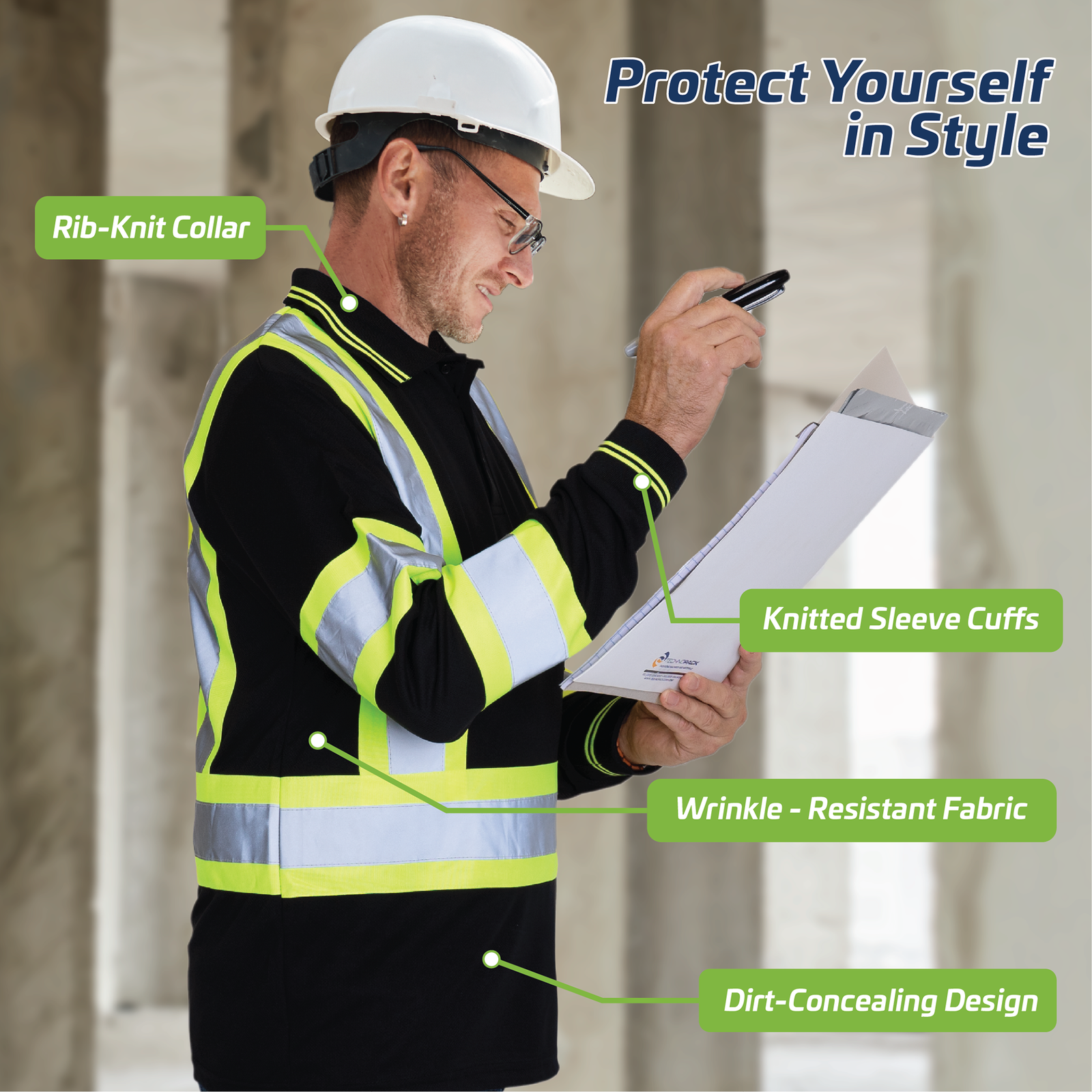 Worker wearing personal protection equipment and a hi visibility black and yellow long sleeve safety shirt. Features of shirt read: Protect yourself in style, rib knit collar, knitted sleeve cuffs, wrinkle resistant fabric, dirt concealing design
