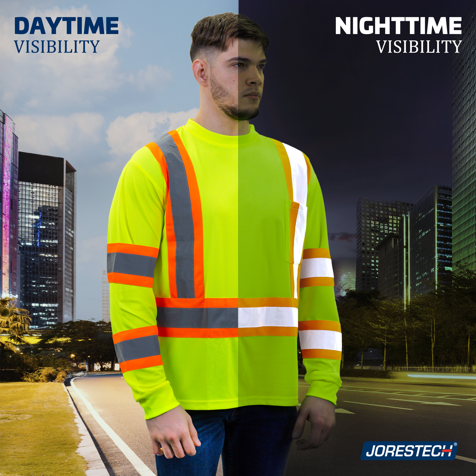 Worker on the road wearing the lime reflective safety shirt showing day and nighttime visibility