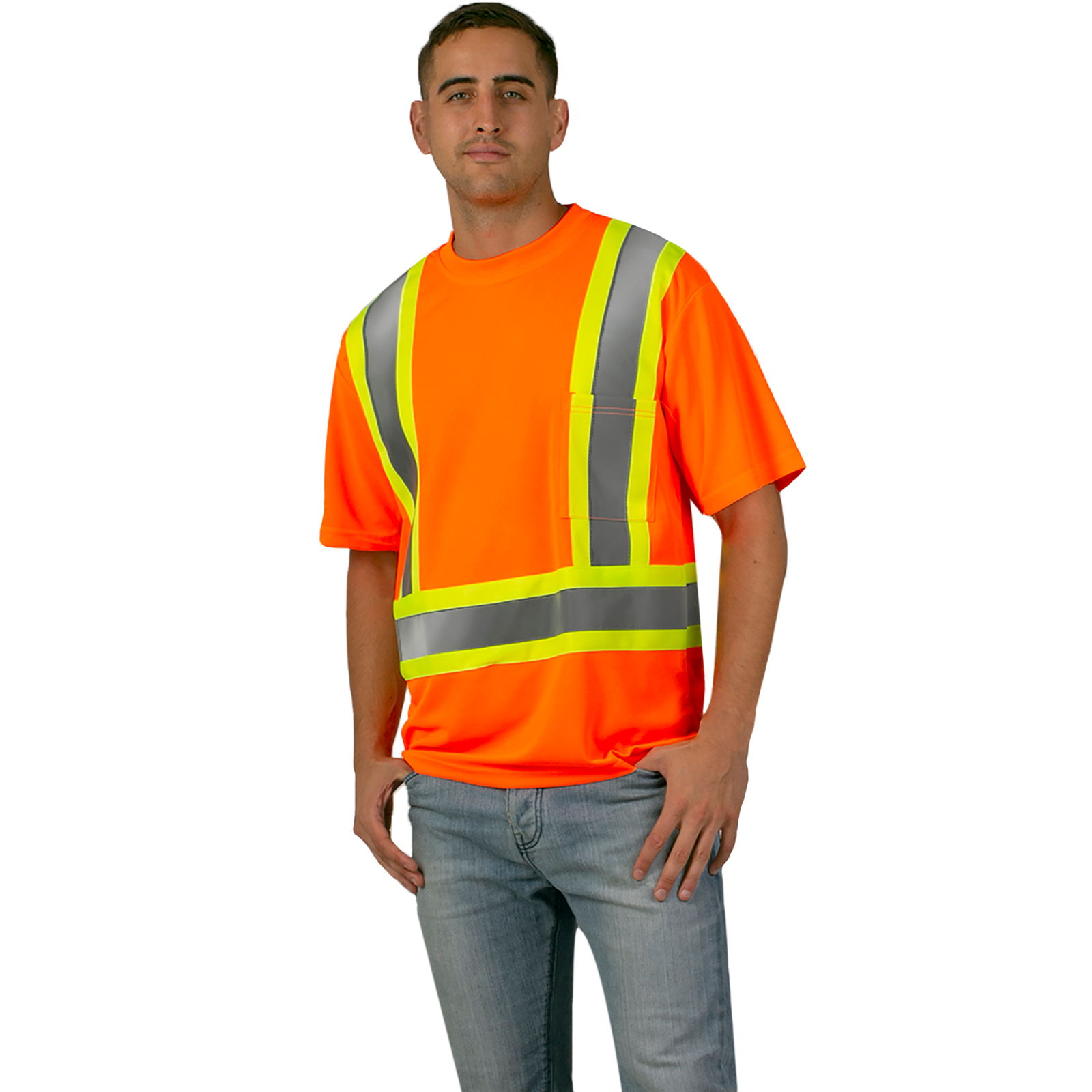 Man wearing an orange short sleeve safety work shirt