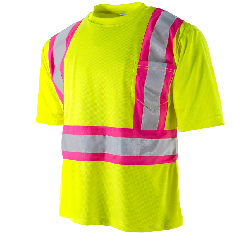 Short Sleeve Hi-Vis Reflective Safety Shirt with Pink Strips Class