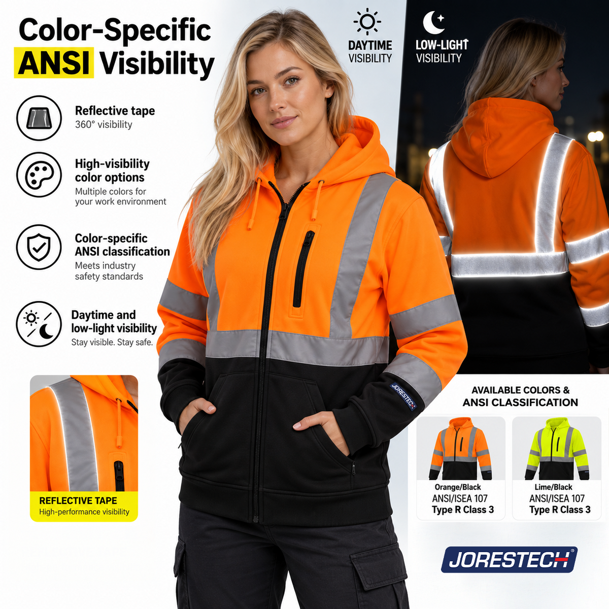 Hi-Vis Safety Hooded Sweatshirt with Reflective Stripes