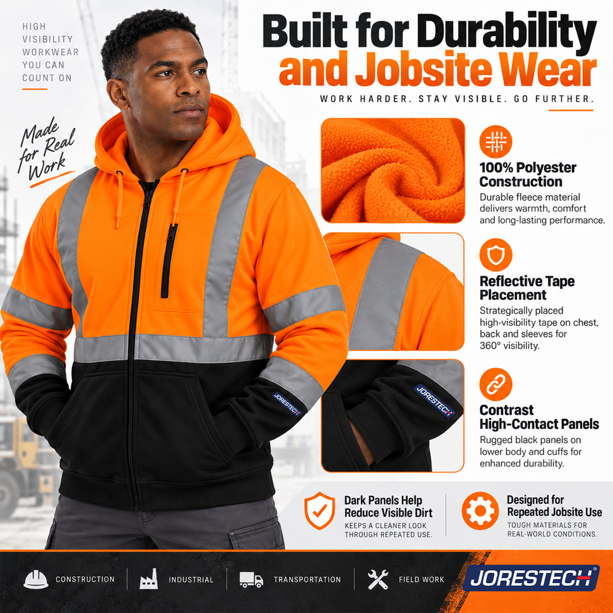Hi-Vis Safety Hooded Sweatshirt with Reflective Stripes