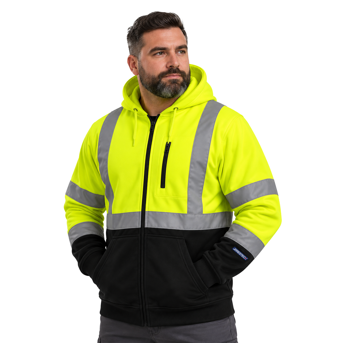 Hi-Vis Safety Hooded Sweatshirt with Reflective Stripes