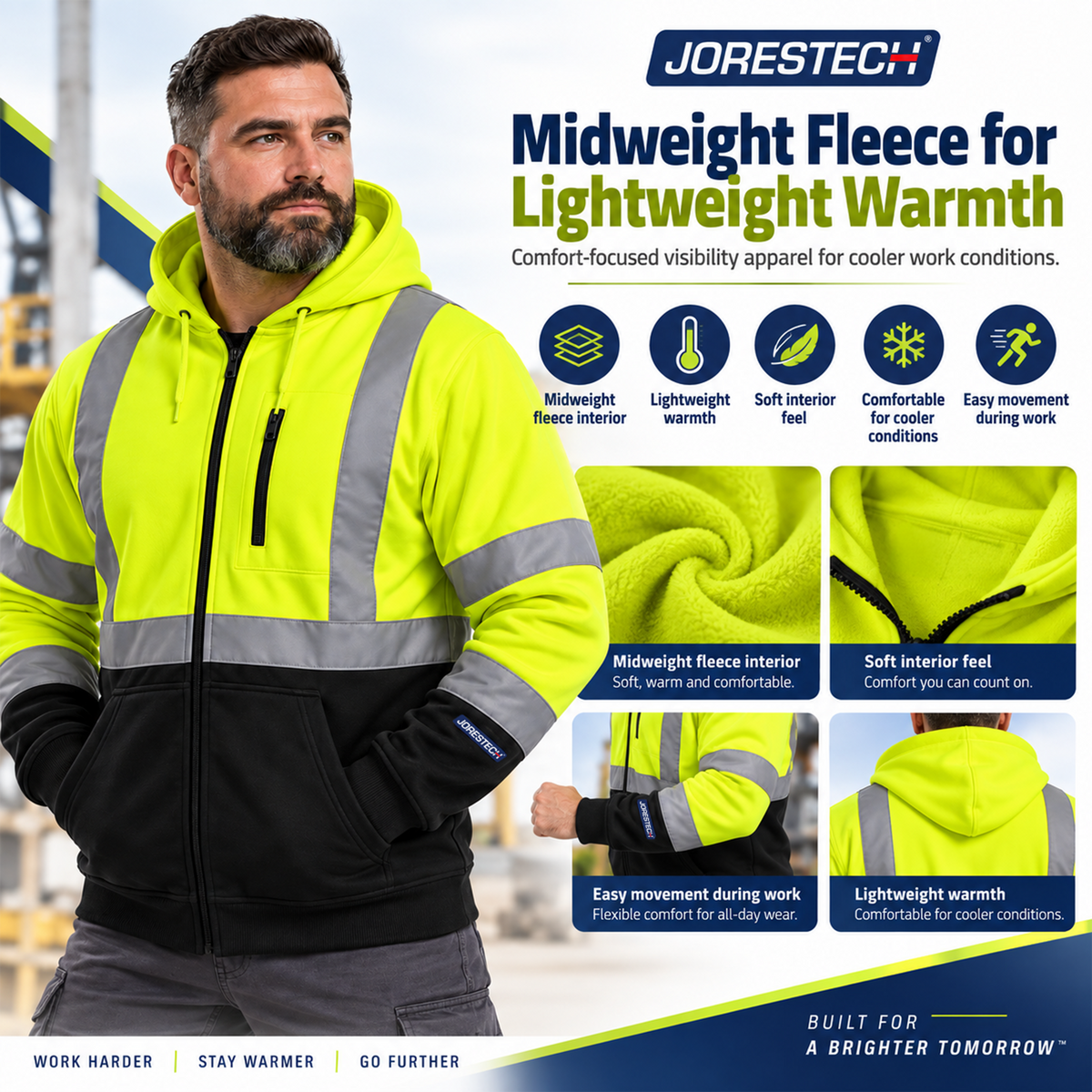 Hi-Vis Safety Hooded Sweatshirt with Reflective Stripes
