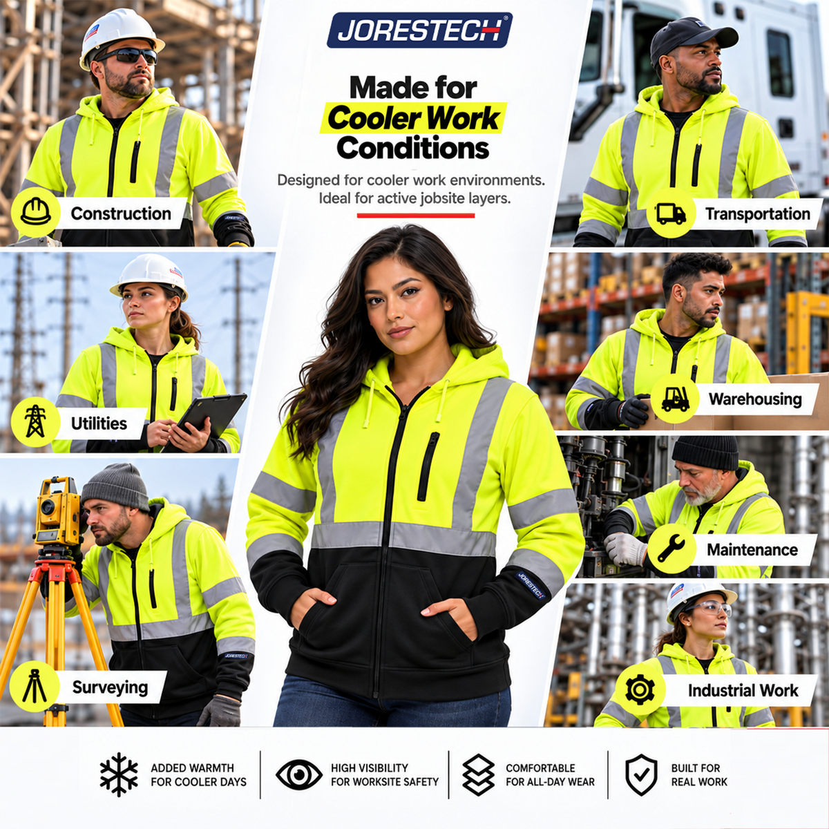 Hi-Vis Safety Hooded Sweatshirt with Reflective Stripes