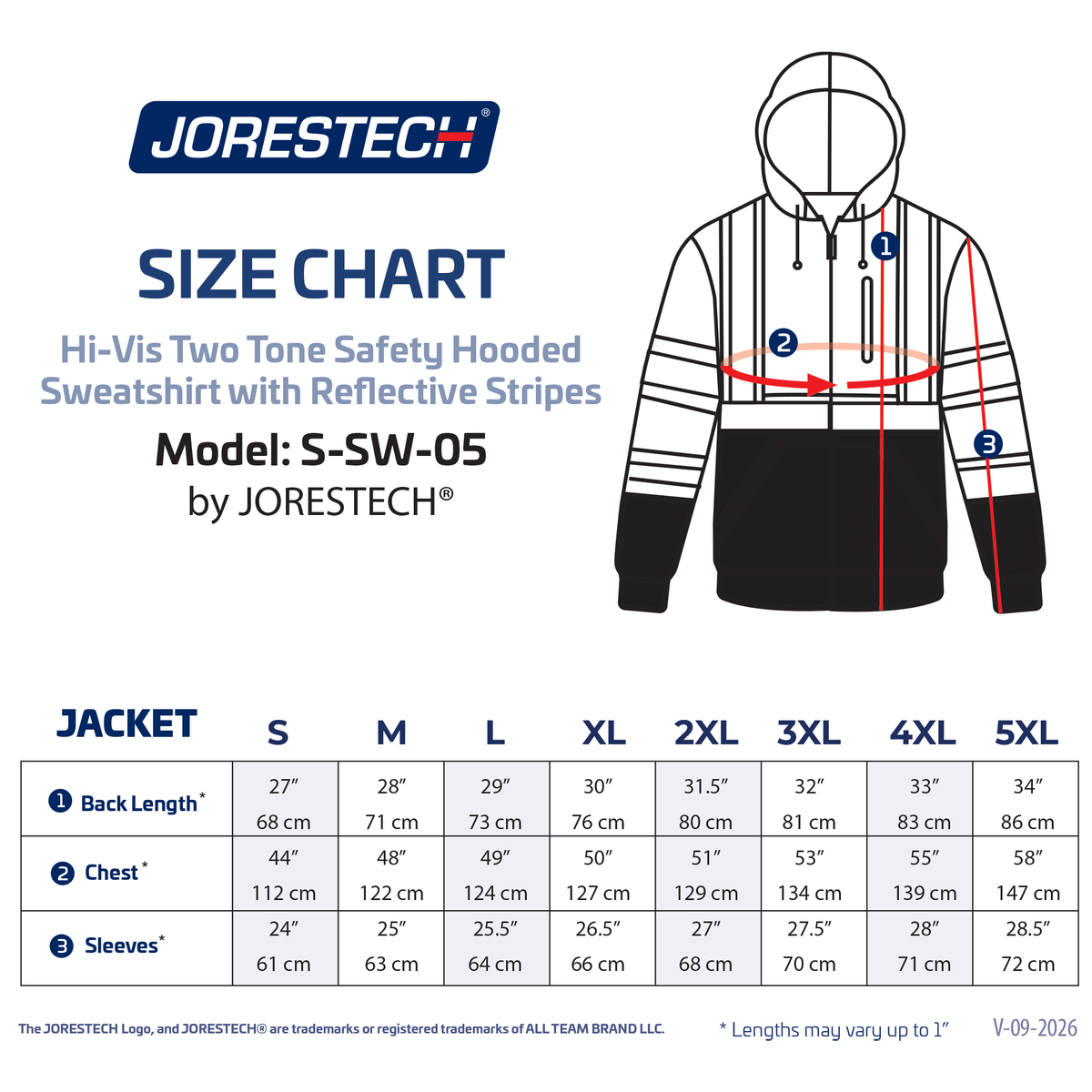 • Jorestech high-visibility hooded safety sweatshirt size chart, detailing chest, back length, and sleeve measurements from size Small to 5XL for model S-SW-05.