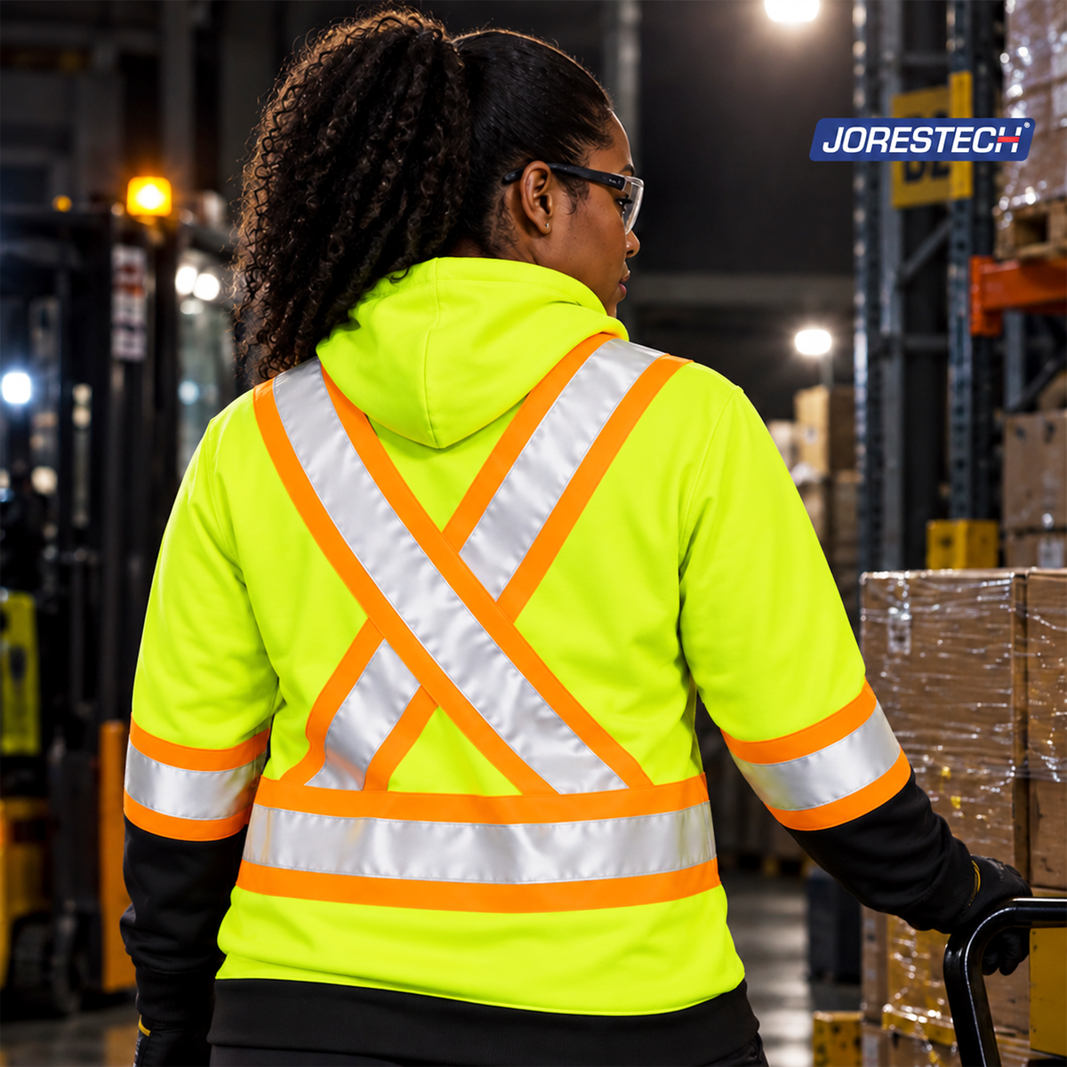 Back profile of a Jorestech high-visibility lime-yellow safety hoodie for women, highlighting the ANSI-compliant X-back reflective stripe design for occupational safety.