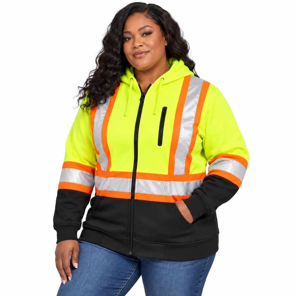 Jorestech high-visibility lime-yellow safety hoodie for women, showing a front view of the fleece-lined full-zip work sweatshirt with orange and silver reflective tape.