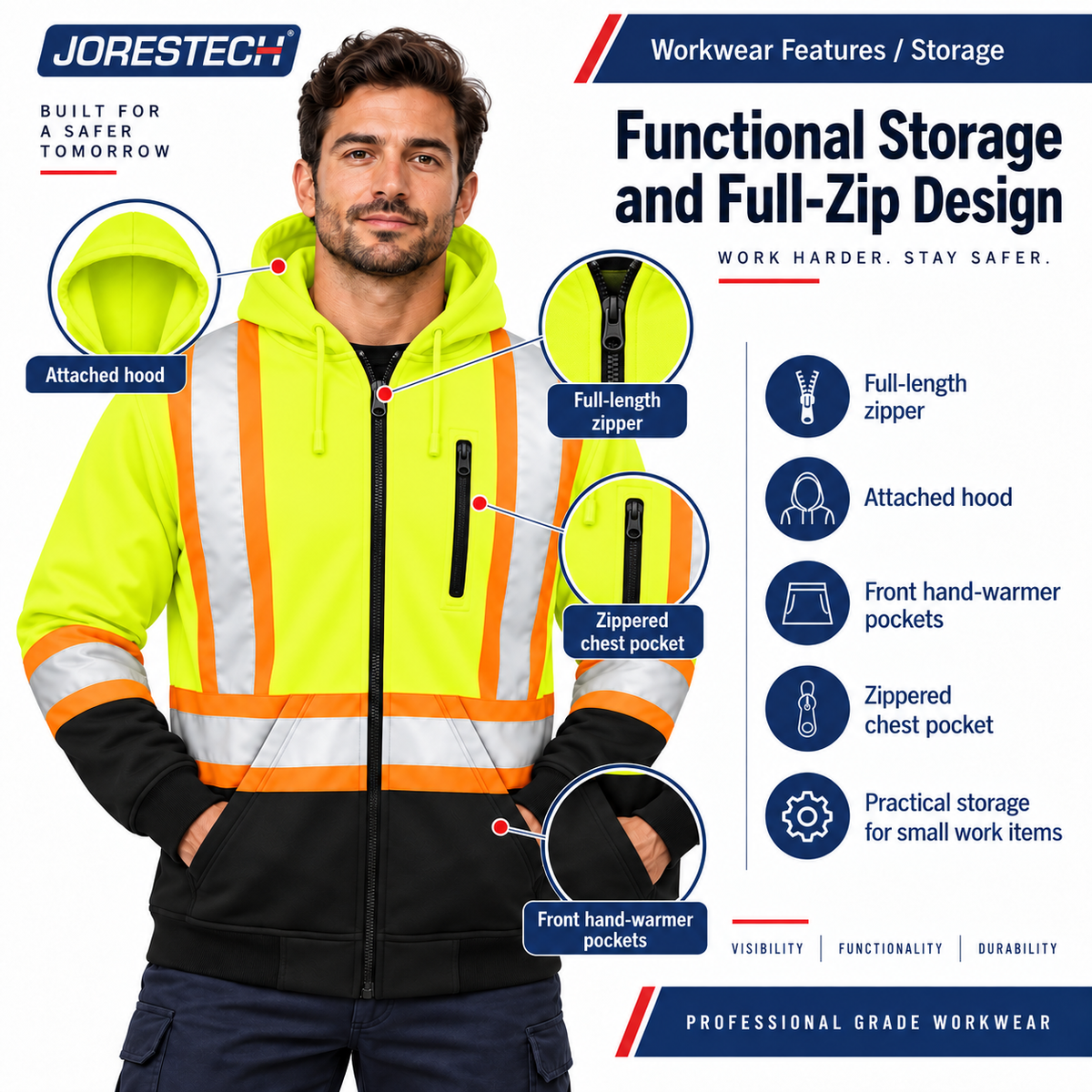Jorestech high-visibility lime-yellow safety hoodie utility graphic, detailing full-zip construction, zippered chest pocket, hand-warmer storage, and attached hood features.